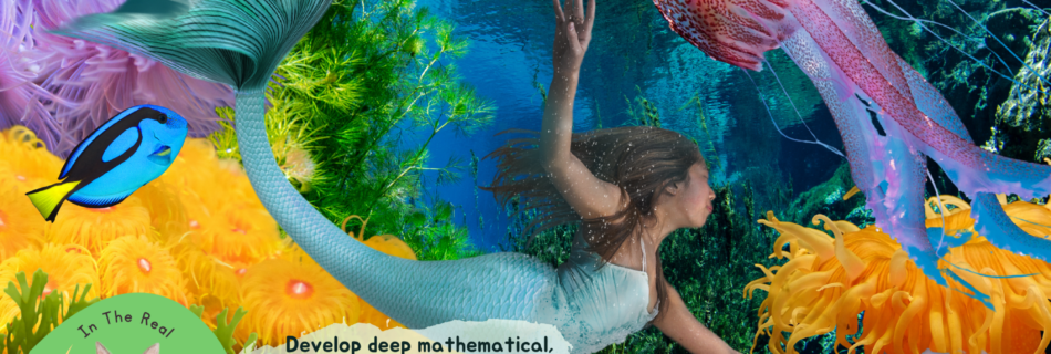 Merfolkology-Mermaids Activities Online Course. Image of an artistic female mermaid floating through a blue ocean kelp forest, surrounded by colourful corals, tropical fish and a giant pink jellyfish.
