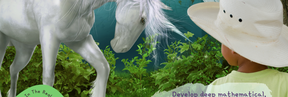 Unicorn STEM activities. Picture of a young black child dressed in pale colours watching a large unicorn in a mystical green glenn.