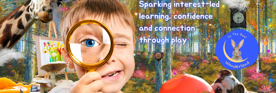 Neuroaffirming Individual Play-Based Learning For NDIS and Homeschool. Square image. Picture of a young, curious caucasian boy looking through a magnifying glass in a fun playground wonderland.