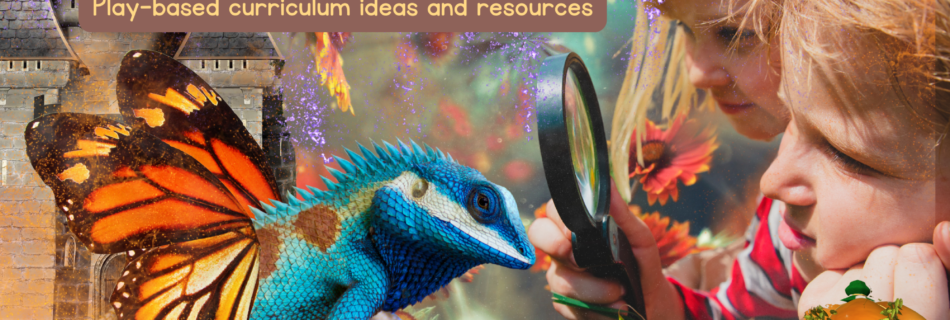 Kids dragon activities ideas curriculum. A blue lizard with butterfly wings looks like a dragon, sitting on a mossy log, while two caucasian children watch using a magnifying glass. The background has another fantasy dragon flying through the air, a fairytale castle, and a carriage made from a pumpkin, against a backdrop of flowers and colourful, mystical mist.